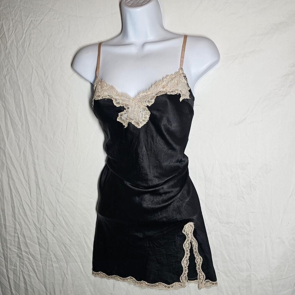 2014 victorias secret black satin slip dress with cream trim - Picture 4 of 6